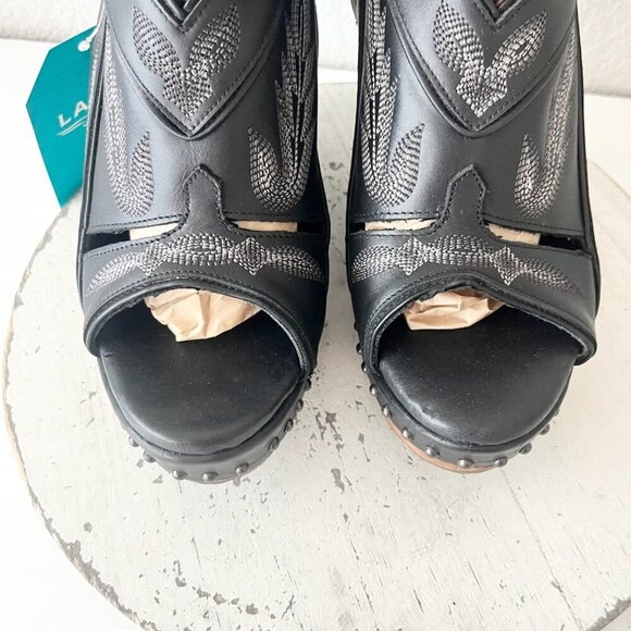 Lane Boots LEXINGTON Womens Black Wedges 9 Western Sandals Cowgirl Wooden Heel - Picture 6 of 11